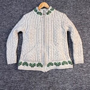 Aran Crafts Ireland Merino Wool Shamrock Cable Knit Zip Cardigan Sweater Mens M